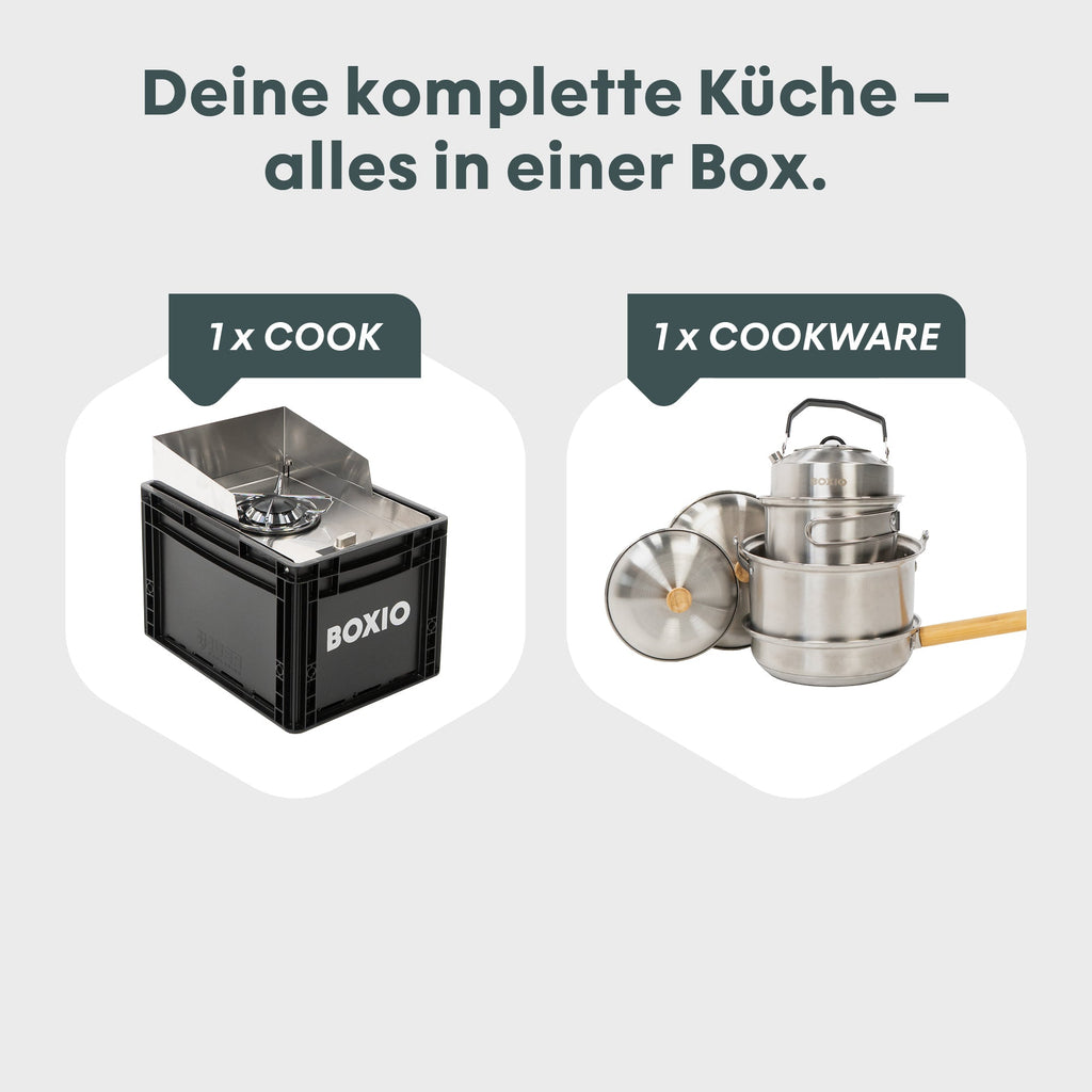 BOXIO COOK PLUS | Mobiler Gaskocher mit Topfset